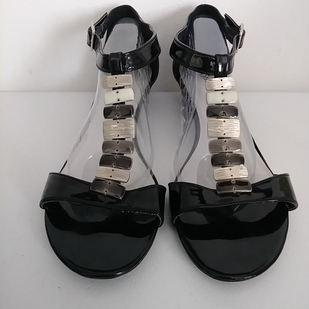 East 5th Black Patent Leather / Metallic Sandals